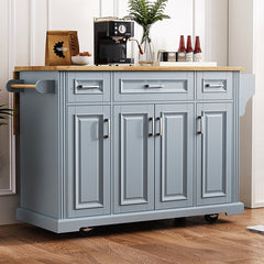 Bellemave® 54" Large Kitchen Island on 4 Wheels with Rubber Wood Drop Leaf, 4 Doors and 3 Drawers - Bellemave