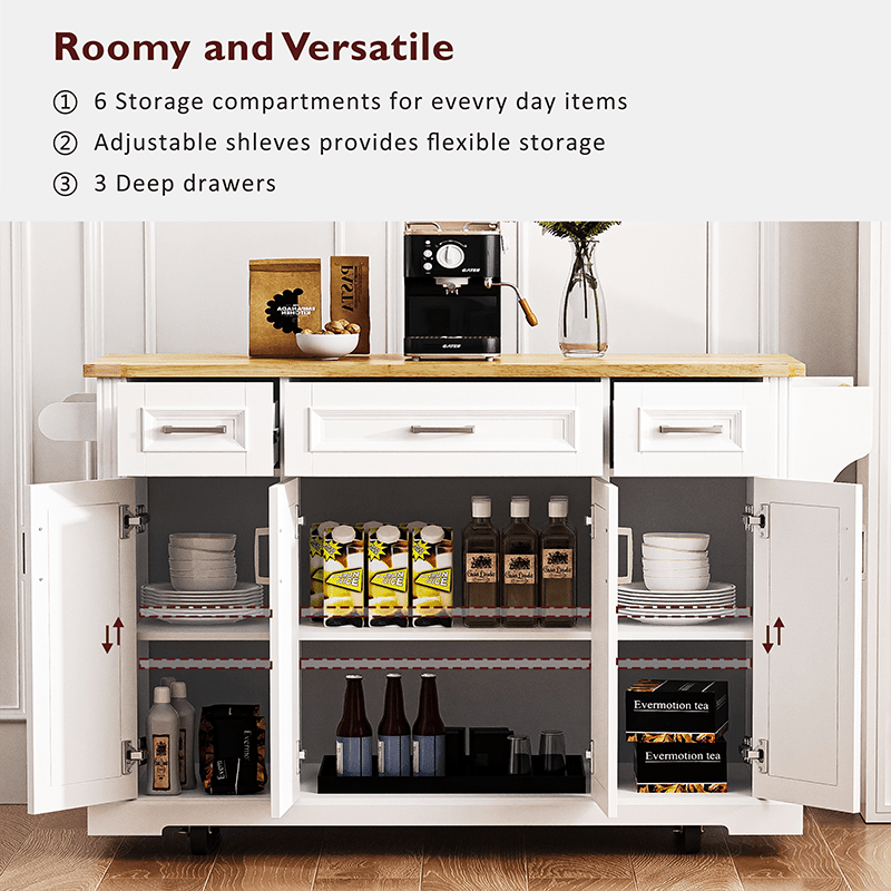 Bellemave® 54" Large Kitchen Island on 4 Wheels with Rubber Wood Drop Leaf, 4 Doors and 3 Drawers - Bellemave