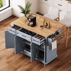 Bellemave® 54" Large Kitchen Island on 4 Wheels with Rubber Wood Drop Leaf, 4 Doors and 3 Drawers - Bellemave