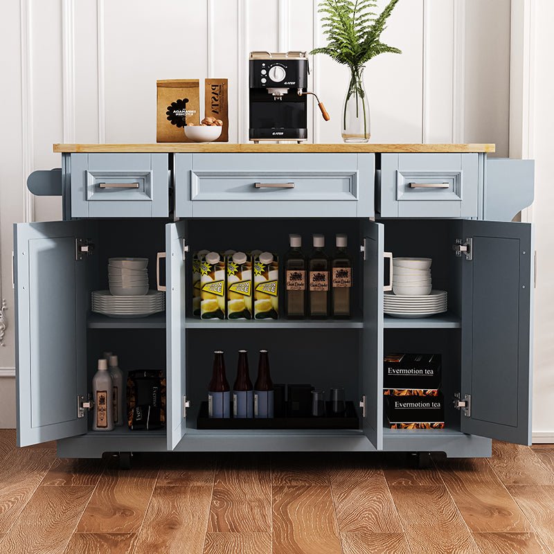 Bellemave® 54" Large Kitchen Island on 4 Wheels with Rubber Wood Drop Leaf, 4 Doors and 3 Drawers - Bellemave