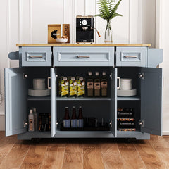 Bellemave® 54" Large Kitchen Island on 4 Wheels with Rubber Wood Drop Leaf, 4 Doors and 3 Drawers - Bellemave