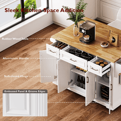 Bellemave® 54" Large Kitchen Island on 4 Wheels with Rubber Wood Drop Leaf, 4 Doors and 3 Drawers - Bellemave