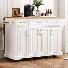 Bellemave® 54" Large Kitchen Island on 4 Wheels with Rubber Wood Drop Leaf, 4 Doors and 3 Drawers - Bellemave