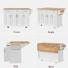 Bellemave® 54" Large Kitchen Island on 4 Wheels with Rubber Wood Drop Leaf, 4 Doors and 3 Drawers - Bellemave