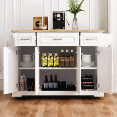 Bellemave® 54" Large Kitchen Island on 4 Wheels with Rubber Wood Drop Leaf, 4 Doors and 3 Drawers - Bellemave