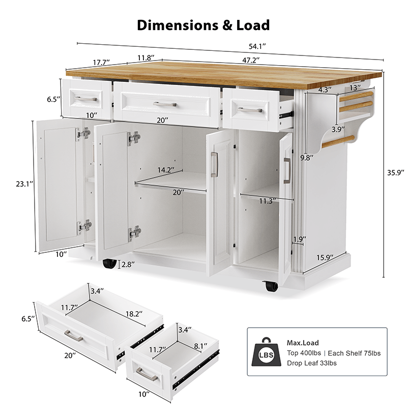 Bellemave® 54" Large Kitchen Island on 4 Wheels with Rubber Wood Drop Leaf, 4 Doors and 3 Drawers - Bellemave