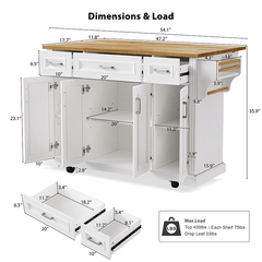 Bellemave® 54" Large Kitchen Island on 4 Wheels with Rubber Wood Drop Leaf, 4 Doors and 3 Drawers - Bellemave
