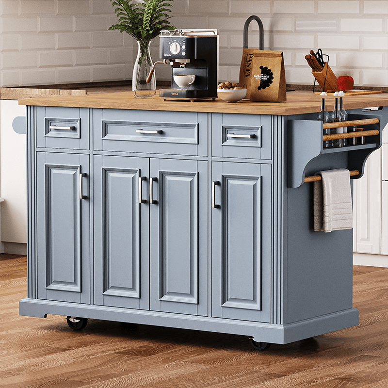 Bellemave® 54" Large Kitchen Island on 4 Wheels with Rubber Wood Drop Leaf, 4 Doors and 3 Drawers - Bellemave