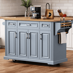Bellemave® 54" Large Kitchen Island on 4 Wheels with Rubber Wood Drop Leaf, 4 Doors and 3 Drawers - Bellemave