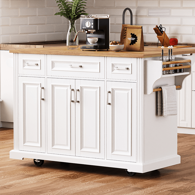 Bellemave® 54" Large Kitchen Island on 4 Wheels with Rubber Wood Drop Leaf, 4 Doors and 3 Drawers - Bellemave