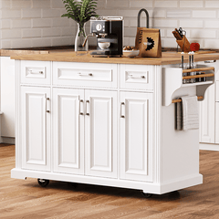 Bellemave® 54" Large Kitchen Island on 4 Wheels with Rubber Wood Drop Leaf, 4 Doors and 3 Drawers - Bellemave