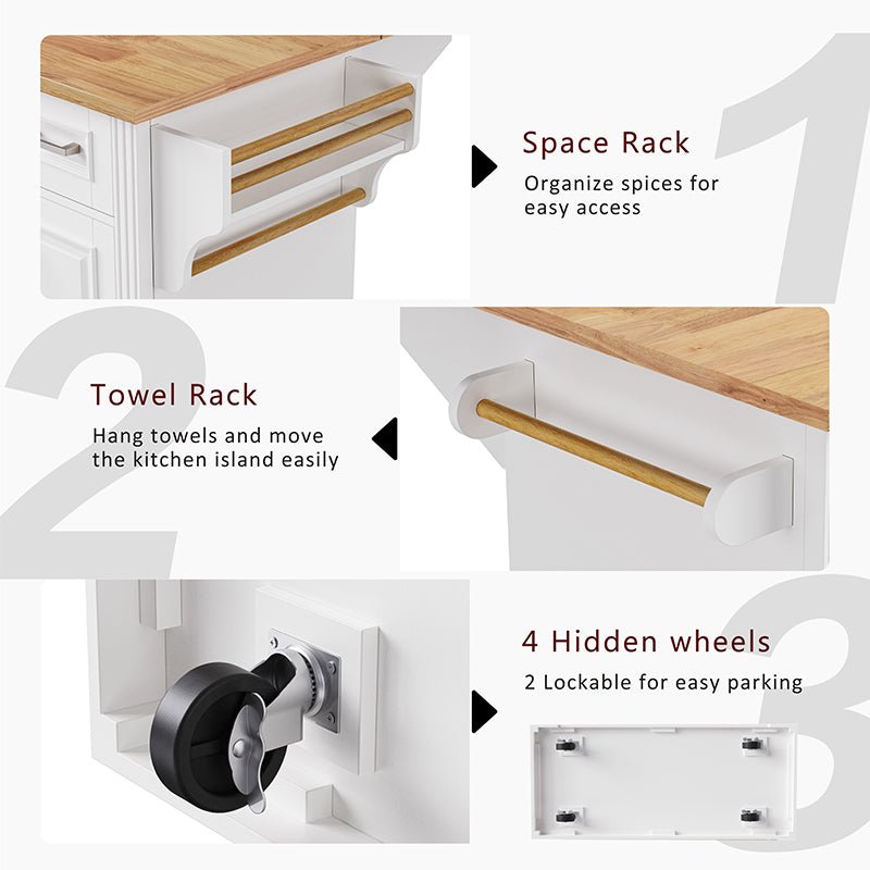 Bellemave® 54" Large Kitchen Island on 4 Wheels with Rubber Wood Drop Leaf, 4 Doors and 3 Drawers - Bellemave