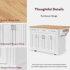 Bellemave® 54" Large Kitchen Island on 4 Wheels with Rubber Wood Drop Leaf, 4 Doors and 3 Drawers - Bellemave