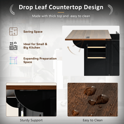 Bellemave® 54.5" Farmhouse Kitchen Island with Power Outlet and Internal Storage Rack, Drop Leaf and Spice Rack - Bellemave