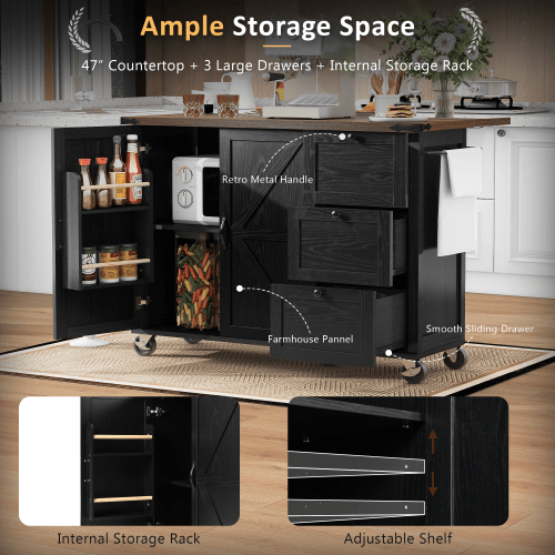 Bellemave® 54.5" Farmhouse Kitchen Island with Power Outlet and Internal Storage Rack, Drop Leaf and Spice Rack - Bellemave