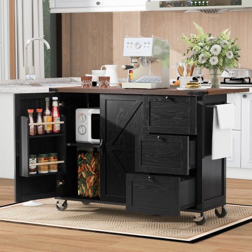 Bellemave® 54.5" Farmhouse Kitchen Island with Power Outlet and Internal Storage Rack, Drop Leaf and Spice Rack - Bellemave