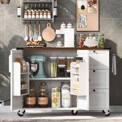 Bellemave® 54.5" Farmhouse Kitchen Island with Power Outlet and Internal Storage Rack, Drop Leaf and Spice Rack - Bellemave