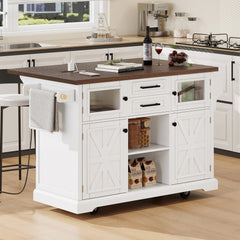 Bellemave® 54.9" Kitchen Island with Drop Leaf, Power Outlet, 4 Door Shelves, Cross Barn Doors, Visual Glass Door, 4 Wheels - Bellemave