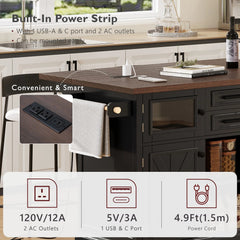 Bellemave® 54.9" Kitchen Island with Drop Leaf, Power Outlet, 4 Door Shelves, Cross Barn Doors, Visual Glass Door, 4 Wheels - Bellemave