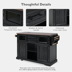 Bellemave® 54.9" Kitchen Island with Drop Leaf, Power Outlet, 4 Door Shelves, Cross Barn Doors, Visual Glass Door, 4 Wheels - Bellemave