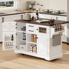 Bellemave® 54.9" Kitchen Island with Drop Leaf, Power Outlet, 4 Door Shelves, Cross Barn Doors, Visual Glass Door, 4 Wheels - Bellemave