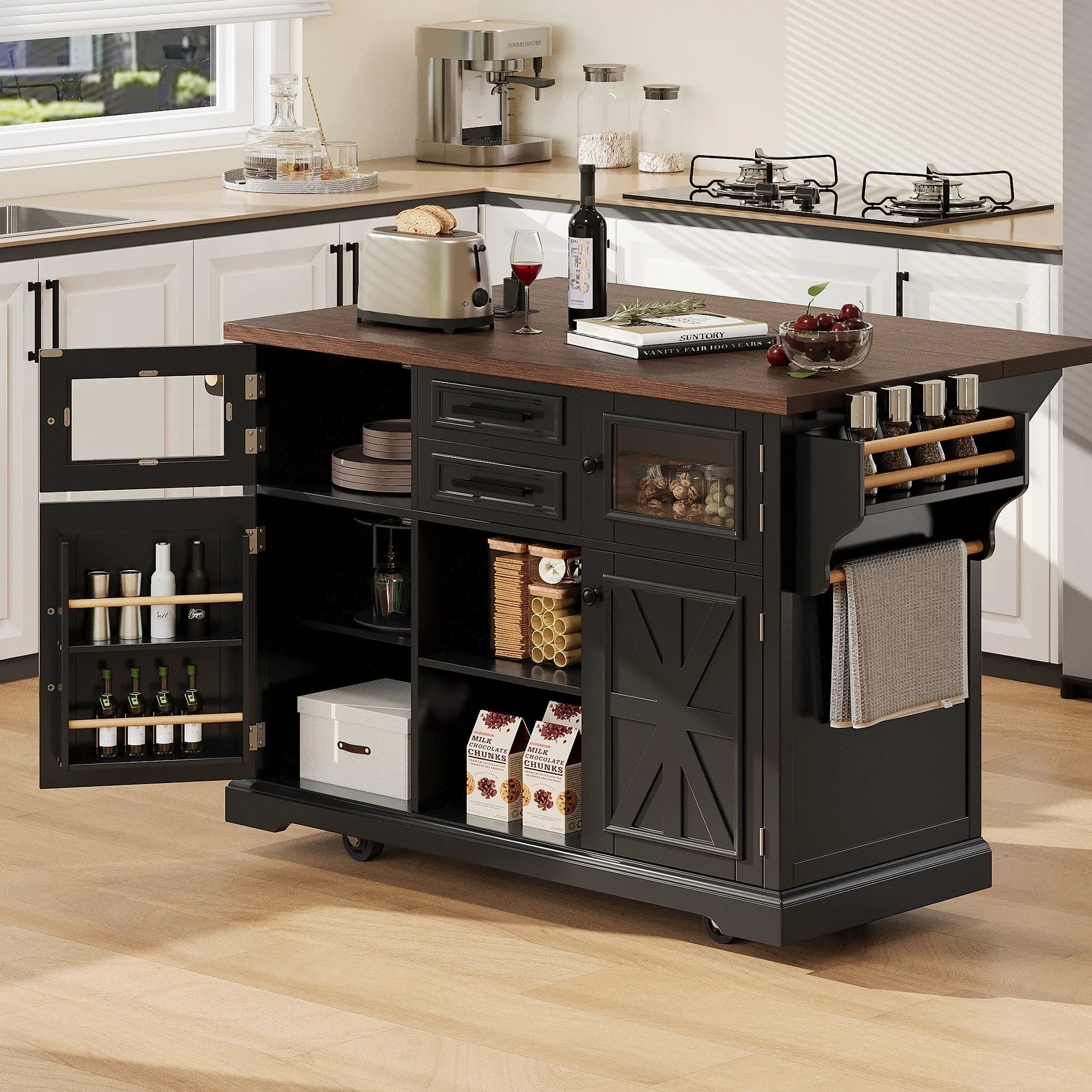 Bellemave® 54.9" Kitchen Island with Drop Leaf, Power Outlet, 4 Door Shelves, Cross Barn Doors, Visual Glass Door, 4 Wheels - Bellemave