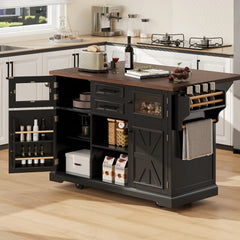 Bellemave® 54.9" Kitchen Island with Drop Leaf, Power Outlet, 4 Door Shelves, Cross Barn Doors, Visual Glass Door, 4 Wheels - Bellemave