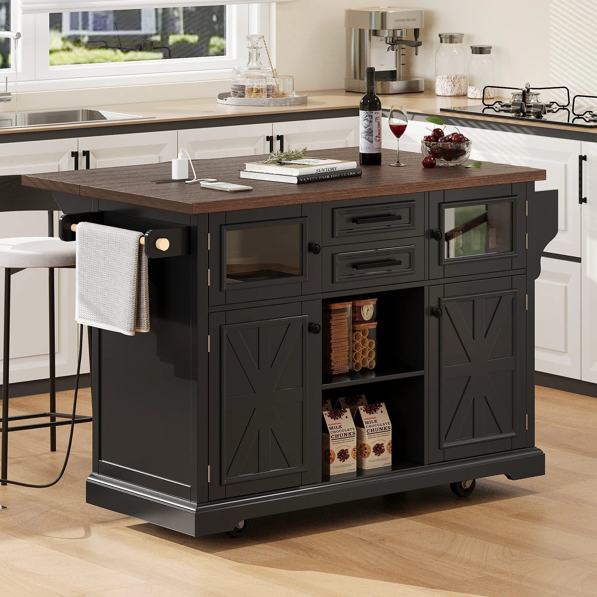 Bellemave® 54.9" Kitchen Island with Drop Leaf, Power Outlet, 4 Door Shelves, Cross Barn Doors, Visual Glass Door, 4 Wheels - Bellemave