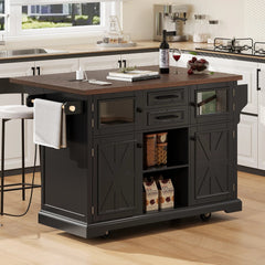 Bellemave® 54.9" Kitchen Island with Drop Leaf, Power Outlet, 4 Door Shelves, Cross Barn Doors, Visual Glass Door, 4 Wheels - Bellemave