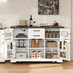 Bellemave® 54.9" Kitchen Island with Drop Leaf, Power Outlet, 4 Door Shelves, Cross Barn Doors, Visual Glass Door, 4 Wheels - Bellemave