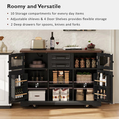 Bellemave® 54.9" Kitchen Island with Drop Leaf, Power Outlet, 4 Door Shelves, Cross Barn Doors, Visual Glass Door, 4 Wheels - Bellemave
