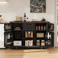 Bellemave® 54.9" Kitchen Island with Drop Leaf, Power Outlet, 4 Door Shelves, Cross Barn Doors, Visual Glass Door, 4 Wheels - Bellemave