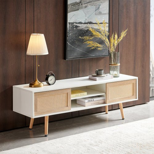 Bellemave® 55.12" Rattan TV cabinet, Double Sliding Doors For Storage, Adjustable Shelf, Solid Wood Legs - Bellemave