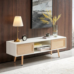 Bellemave® 55.12" Rattan TV cabinet, Double Sliding Doors For Storage, Adjustable Shelf, Solid Wood Legs - Bellemave