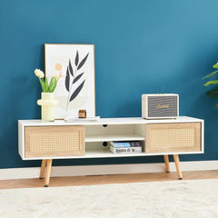 Bellemave® 55.12" Rattan TV cabinet, Double Sliding Doors For Storage, Adjustable Shelf, Solid Wood Legs - Bellemave