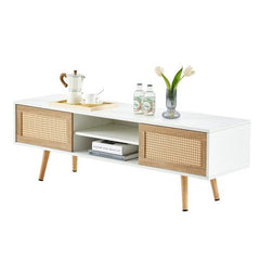 Bellemave® 55.12" Rattan TV cabinet, Double Sliding Doors For Storage, Adjustable Shelf, Solid Wood Legs - Bellemave