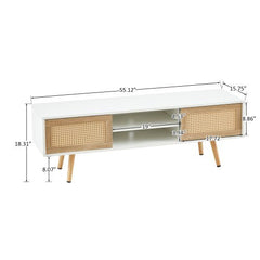 Bellemave® 55.12" Rattan TV cabinet, Double Sliding Doors For Storage, Adjustable Shelf, Solid Wood Legs - Bellemave