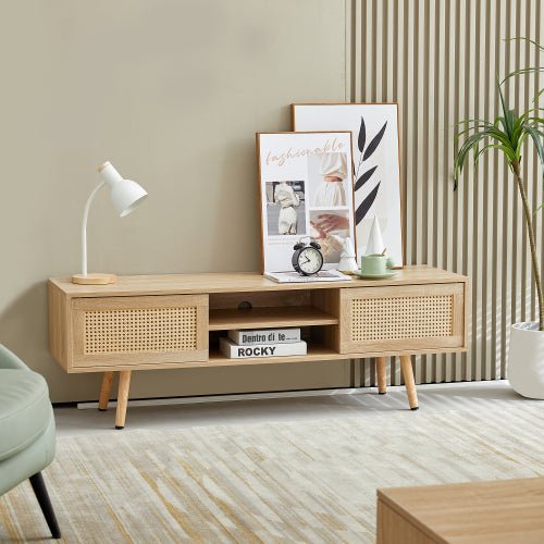 Bellemave® 55.12" Rattan TV cabinet, Double Sliding Doors For Storage, Adjustable Shelf, Solid Wood Legs - Bellemave