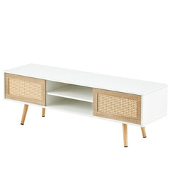Bellemave® 55.12" Rattan TV cabinet, Double Sliding Doors For Storage, Adjustable Shelf, Solid Wood Legs - Bellemave