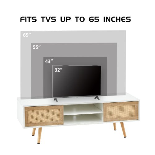 Bellemave® 55.12" Rattan TV cabinet, Double Sliding Doors For Storage, Adjustable Shelf, Solid Wood Legs - Bellemave