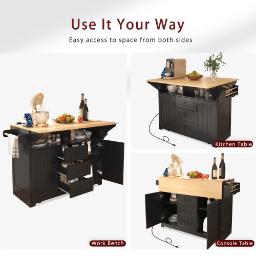 Bellemave® 55.7" Large Kitchen Island on 5 Wheels with 2 Drop Leaf,Power Outlet, Spice,Towel Rack,3 Drawers - Bellemave