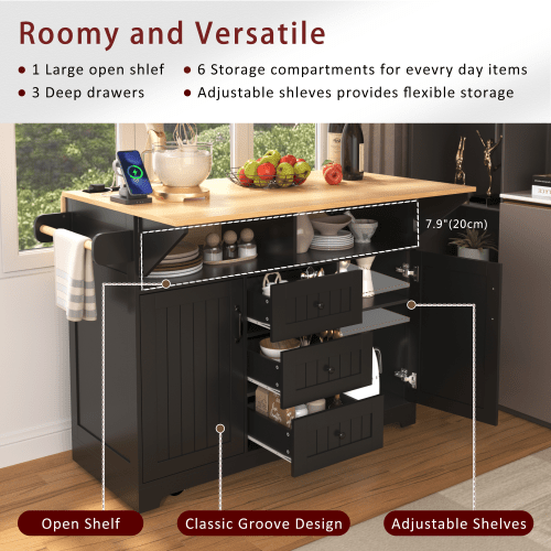 Bellemave® 55.7" Large Kitchen Island on 5 Wheels with 2 Drop Leaf,Power Outlet, Spice,Towel Rack,3 Drawers - Bellemave