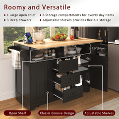 Bellemave® 55.7" Large Kitchen Island on 5 Wheels with 2 Drop Leaf,Power Outlet, Spice,Towel Rack,3 Drawers - Bellemave