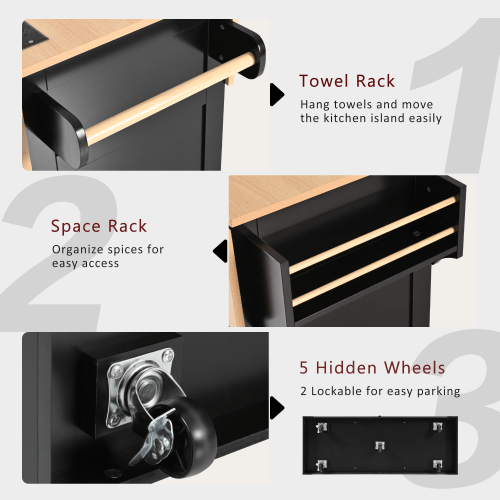 Bellemave® 55.7" Large Kitchen Island on 5 Wheels with 2 Drop Leaf,Power Outlet, Spice,Towel Rack,3 Drawers - Bellemave