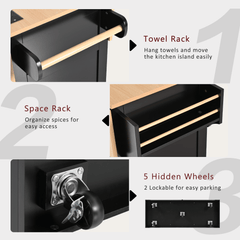 Bellemave® 55.7" Large Kitchen Island on 5 Wheels with 2 Drop Leaf,Power Outlet, Spice,Towel Rack,3 Drawers - Bellemave