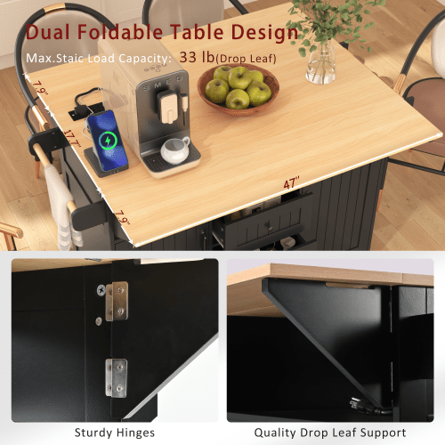 Bellemave® 55.7" Large Kitchen Island on 5 Wheels with 2 Drop Leaf,Power Outlet, Spice,Towel Rack,3 Drawers - Bellemave