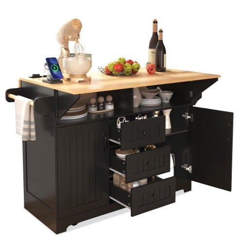 Bellemave® 55.7" Large Kitchen Island on 5 Wheels with 2 Drop Leaf,Power Outlet, Spice,Towel Rack,3 Drawers - Bellemave