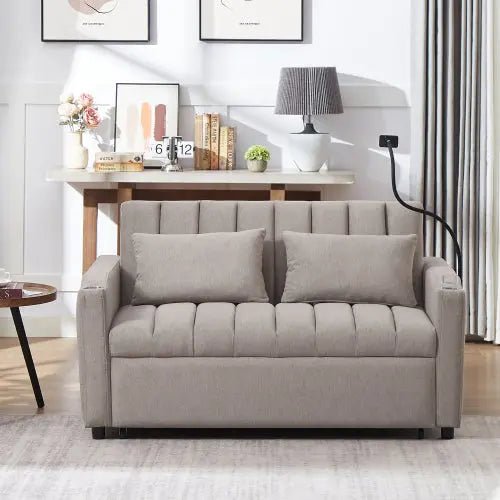 Bellemave® 55.9" Convertible Sofa Bed with Three USB Ports, Two Side Pockets, Two Cup Holders and 360°Swivel Phone Holder - Bellemave
