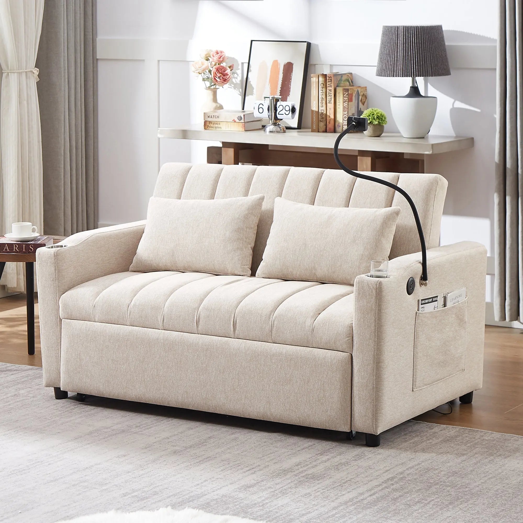 Bellemave® 55.9" Convertible Sofa Bed with Three USB Ports, Two Side Pockets, Two Cup Holders and 360°Swivel Phone Holder - Bellemave