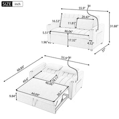 Bellemave® 55.9" Convertible Sofa Bed with Three USB Ports, Two Side Pockets, Two Cup Holders and 360°Swivel Phone Holder - Bellemave